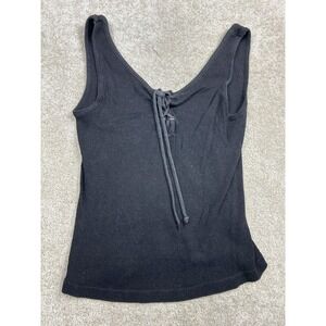 Parrinello Tank Top Womens Medium Black Ribbed Knit Scoop Neck Lace Up